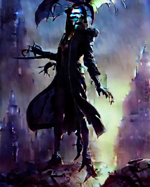 Prompt: beautiful fantasy character portrait, lilly collins, wearing oversized black trench coat, ultra realistic, wide angle, dramatic lighting, vultures, very seductive pose, cyberpunk artifacts, highly detailed by peter mohrbacher, hajime sorayama, wayne barlowe, boris vallejo, aaron horkey, gaston bussiere, craig mullins