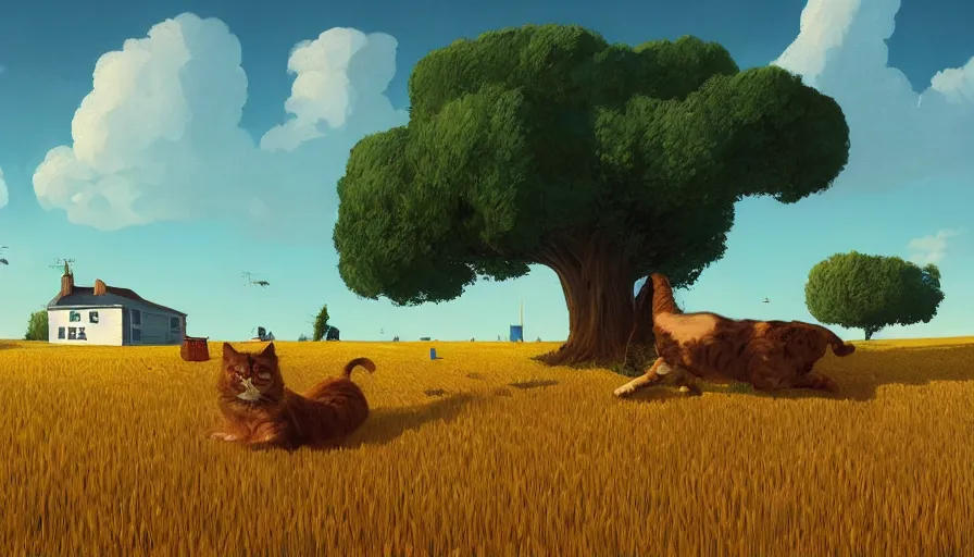 Image similar to gigantic cat next to the small house, wheat field harvesting, big tree, matte painting, art station, blue sky, simon stalenhag