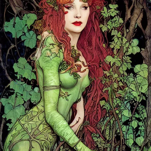 Prompt: a beautiful painting of poison ivy dressed as a martian princess, dark eyeliner, intricate, elegant, highly detailed, digital painting, artstation, concept art, matte, sharp focus, illustration, art by rebecca guay and by arthur rackham and by alphonse mucha and by john william waterhouse