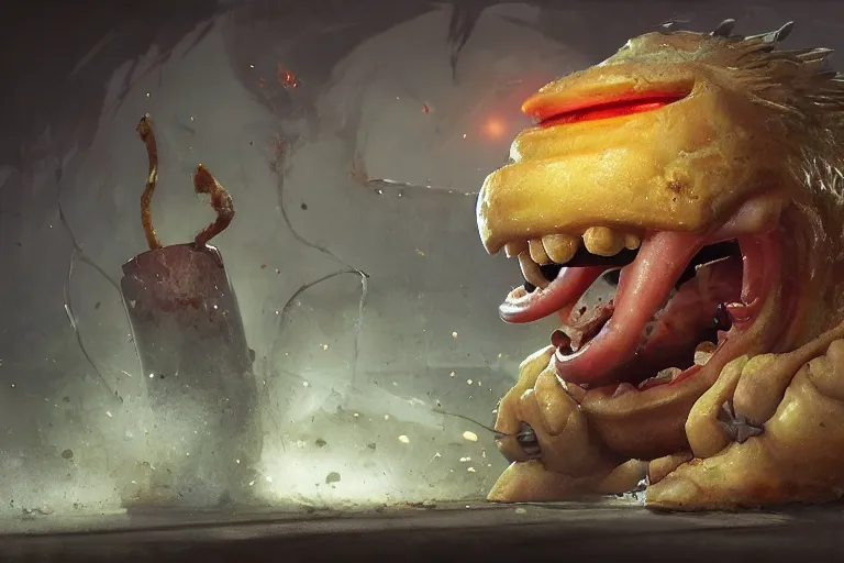 Image similar to fast food monster by jean - baptiste monge, high quality, high resolution, 4 k, painted by cgsociety, rutkowski, gurney with ambient lighting, concept art, detailed, smooth, dynamic volumetric cinematic lighting, octane, raytrace