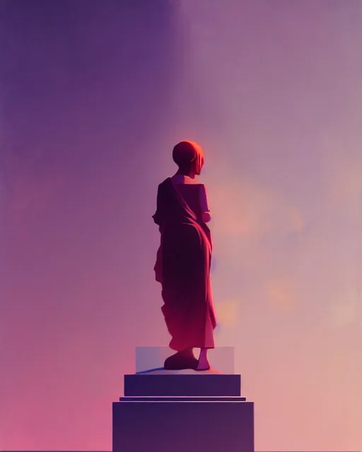 Image similar to a painting of a woman standing in front of a statue, a screenshot by stanley twardowicz, cgsociety, aestheticism, aesthetic, vaporwave, anime aesthetic