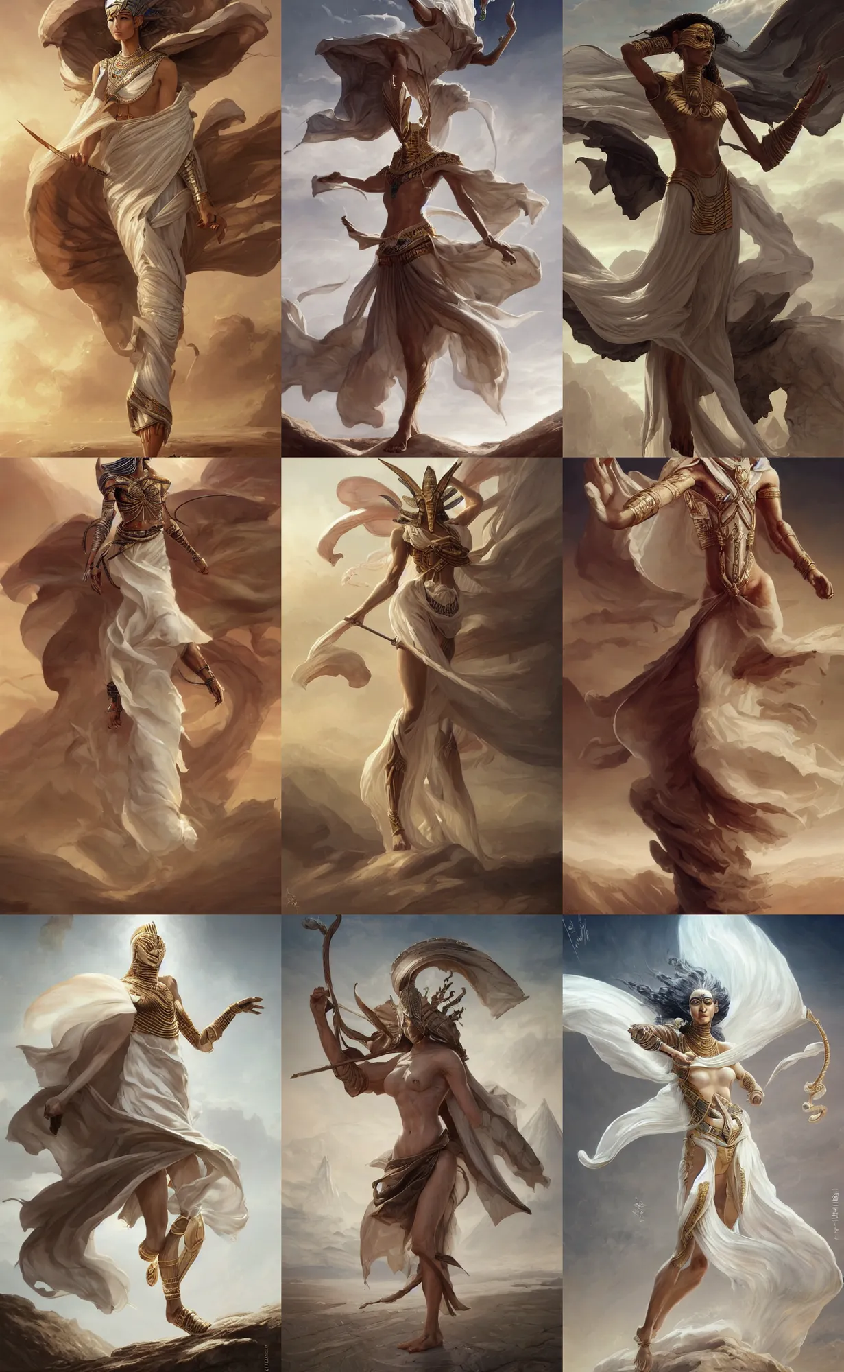 Prompt: ivory skin, wind egyptian god, full body shot, cloth in the wind, highly detailed, digital painting, artstation, concept art, sharp focus, illustration, orientalism, art by aleksi briclot and mohrbacher and raphael lacoste and magali villeneuve