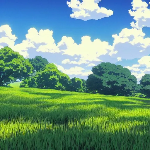 Prompt: a wide meadow with blue sky and a few clouds above, super wide angle, fantasy matte painting by studio ghibli and hayao miyazaki and kazuo oga, hyperrealism, featured on artstation and cgsociety, c 4 d, ultra - realistic, 4 k hd wallpapear