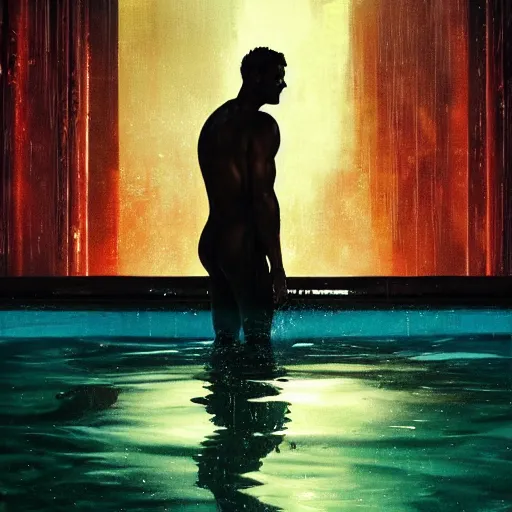 Prompt: silhouette submerged in a pool, stormy weather, extremely detailed masterpiece, oil on canvas, low-key neon lighting, artstation, Blade Runner 2049, Roger Deakin’s cinematography, by J. C. Leyendecker and Peter Paul Rubens,