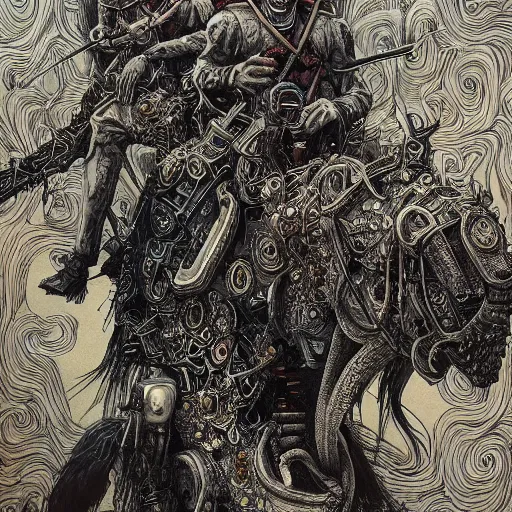 Image similar to horsemen of the apocalypse painted in jacek yerka aykut aydogdu and leslie zhang style drawn by vania zouravliov and takato yamamoto, inspired by cyberpunk, intricate acrylic gouache painting, high detail, sharp high detail, artstation, manga and anime