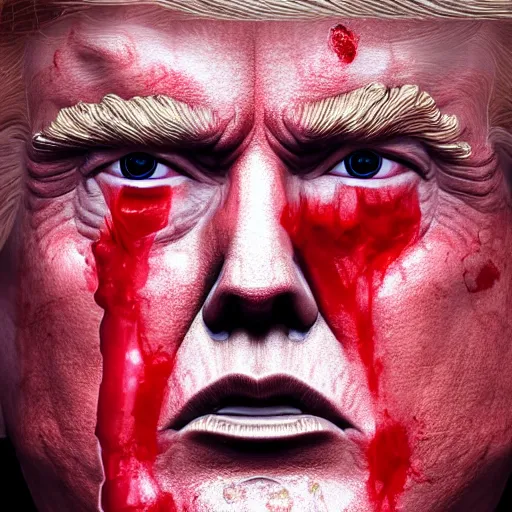 Prompt: donald trump full body detailed, ethereal, cyborg biomechanics, covered in blood diamonds and other gems glowing, highly detailed face, evil posed, evil expression, intricate, extremy detailed, beeple, cgsociety, 3 d unreal engine octane render. cinematic lighting, highly detailed 4 k art