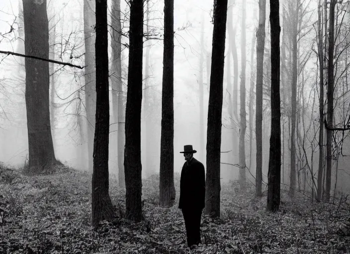 Image similar to sinister black and white old photography of a tall man in the woods