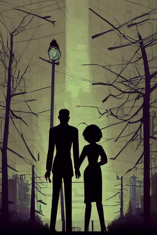 Prompt: Pulp Noir dynamic dutch angle Twin Peaks artwork by Tomer Hanuka Rendering of two lovers embrace in the long shadows cast by the streetlight in secret as a dark presence looms, full of details, by Makoto Shinkai and thomas kinkade, Matte painting, trending on artstation and unreal engine