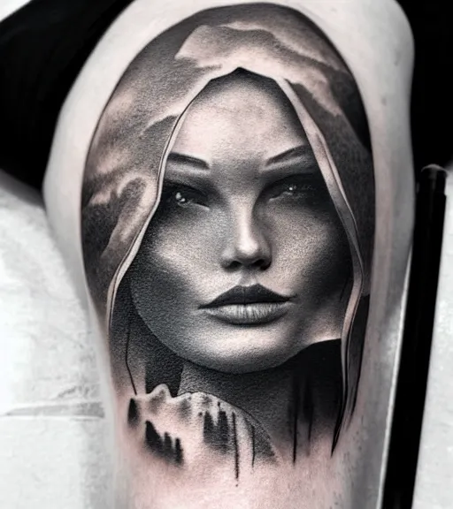 Prompt: creative blend of a hyper realistic mountain scenery with a beautiful woman face, tattoo design sketch, in the style of matteo pasqualin, hyper - realistic, amazing detail, black and white