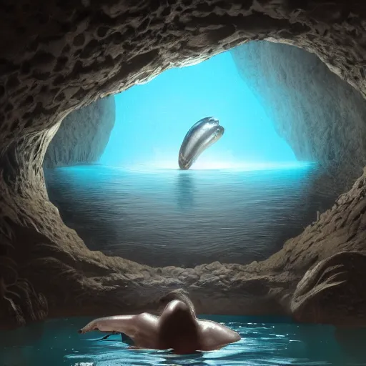 Image similar to photo of a blue fat syren in a water cave, detailed, realistic, 8k, Trending on Artstation