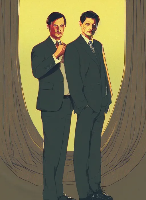 Image similar to Twin Peaks portrait of Mads Mikkelsen and Hugh Dancy holding hands romantically as they chaperone school dance by Michael Whelan, Bob Larkin and Tomer Hanuka, simple illustration, domestic, nostalgic, clean, Matte painting, trending on artstation and unreal engine, New Yorker magazine cover, 1980s romance book cover