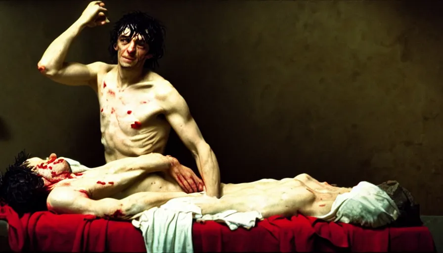 Image similar to movie still of jean - paul marat a wound at the chest, bleeding in the bath, cinestill 8 0 0 t 3 5 mm, high quality, heavy grain, high detail, cinematic composition, dramatic light, anamorphic, ultra wide lens, hyperrealistic, by martin schoeller