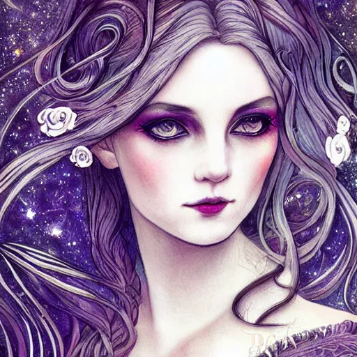 Prompt: seductive eyes, ethereal white witch girl portrait, art nouveau, fantasy, intricate designs, elegant, highly detailed, sharp focus, galaxies, female
