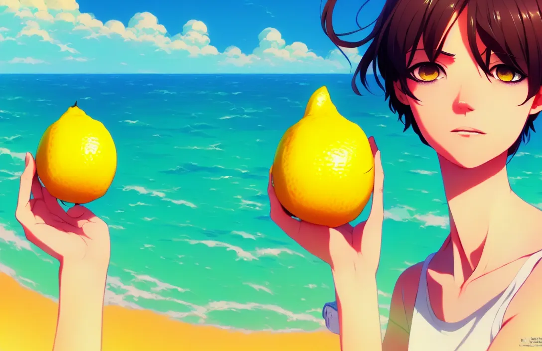 Image similar to ⁠portrait of a Lemon , Beach background, rich vivid colors, ambient lighting, dynamic lighting, 4k, HQ, official media, anime key visual, makoto shinkai, ilya kuvshinov, lois van baarle, rossdraws, detailed, trending on artstation