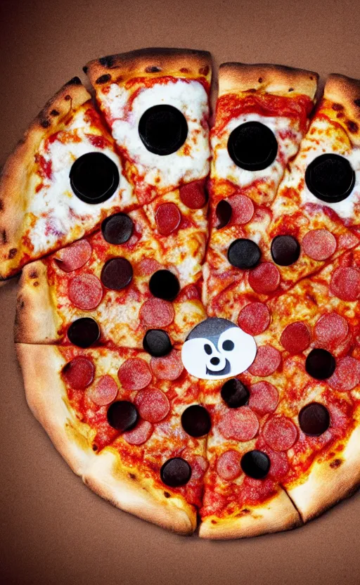 Image similar to photograph. pizza with eyes, photo, photorealistic, realistic, detailed, hyperrealistic, 4 k, 8 k, hdr, 1 6 k