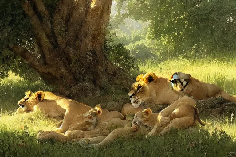 Image similar to lion and cubs resting under a tree in the morning, beautiful painting, greg rutkowski, james gurney, artstation.