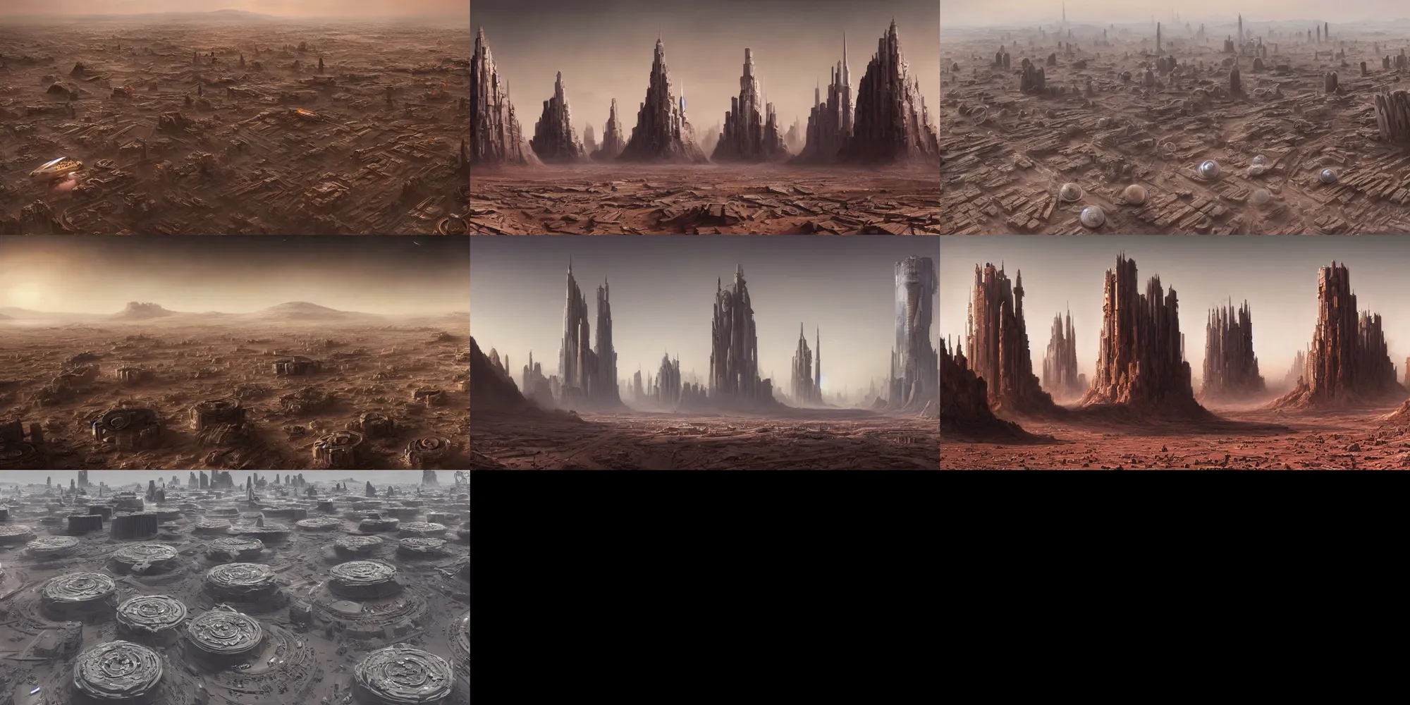 Prompt: hyper realistic sci - fi matte concept art painting of city on mars with towers made of giant stacks of disks, low angle, beautiful details, strong composition painted by kim jung guweta studio rutkowski, james gurney and greg rutkowski, and lucasfilm, smooth, intricate, detailed, sharp focus, cinematic