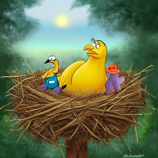Prompt: Goofy laying eggs in a nest while big bird watches on, a proud and loving look on his face, digital artwork