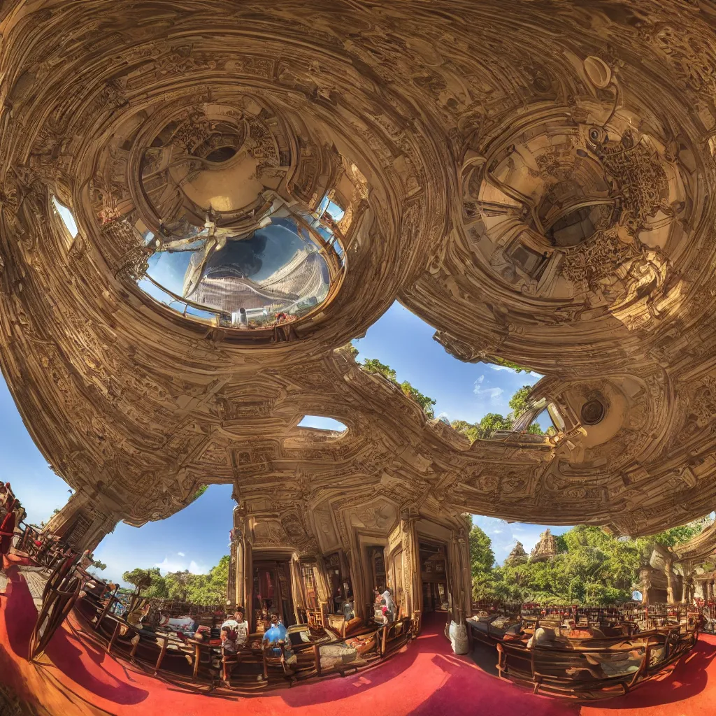 Image similar to six elephanta at tea party, fulldome, 3 6 0 degree fisheye, dome format, 4 k,