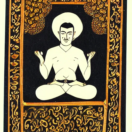 Prompt: cowboy sitting in lotus position, persian folkore artstyle, calligraphy border