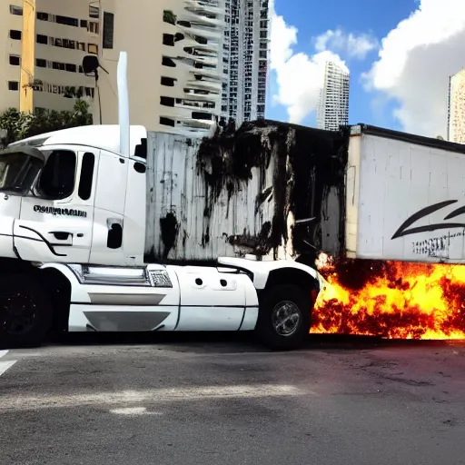 Image similar to cybertruck explosion miami apocalypse