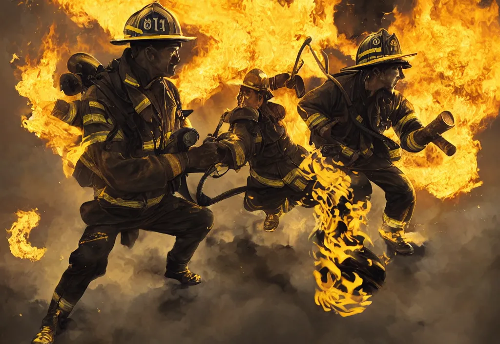 Prompt: one heroic firefighter in action in black and yellow uniform, fire flames, sharp details, sharp focus, realistic, highly detailed, illustration, by yerbol bulentayev and murat gul and pablo olivera and greg rutkowski