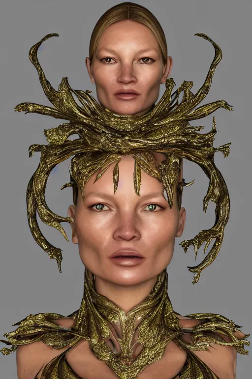 Image similar to a highly detailed metahuman render portrait of an alien goddess kate moss in iris van herpen dress schiaparelli in diamonds and jewelry in style of alphonse mucha trending on artstation made in unreal engine 4