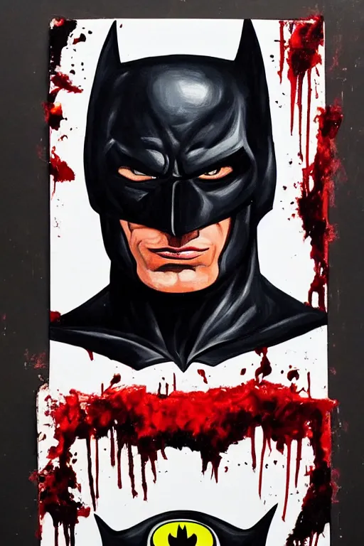 Prompt: A portrait painting of the muscular batman covered in bloody scars