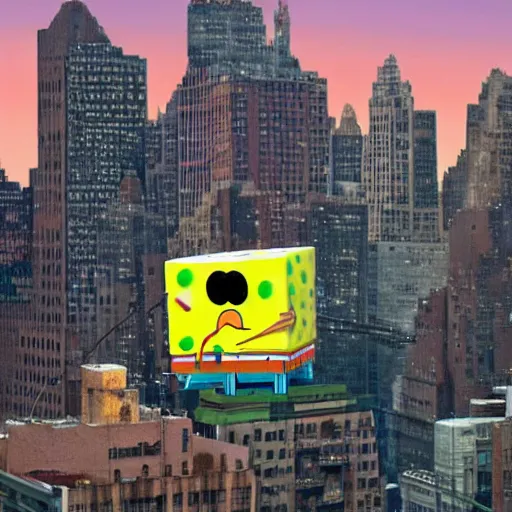 Image similar to photograph of a giant SpongeBob destroying New York City