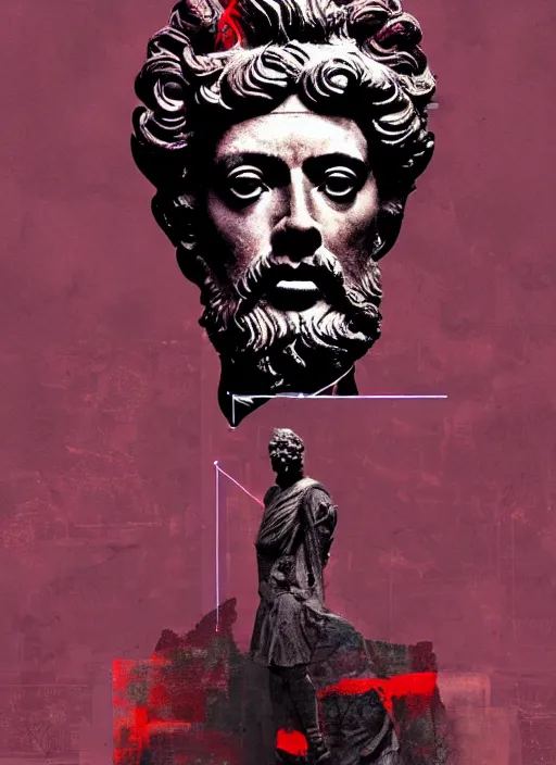 Image similar to design poster showing a statue of marcus aurelius, black background with very subtle red and purple design elements, powerful, nekro, vito acconci, graphic design, collage art, thin lines, dark, glitch art, neo vaporwave, gritty, layout frame, square, trending on artstation