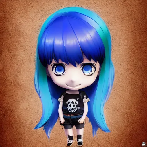 Image similar to a digital painting of a girl with blue hair and a skull on her shirt, lyco art, chibi, by antonio mello, 3 d nft, nendoroid 3 d, cyberpunk artm, cgsociety, sketchfab, seapunk, anime aesthetic, rendered in maya