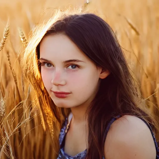 Prompt: portrait of a beautiful girl, close - up, low depth of field, sharp focus on face, golden light, in a wheat field