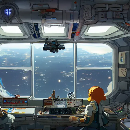 Image similar to Interior of a space station cluttered with electronics and science experiments, Sci-fi, View of earth from the window, Atmosphere, Dramatic lighting, Epic composition, Low angle, Wide angle, by Miyazaki, Nausicaa Ghibli, Breath of The Wild