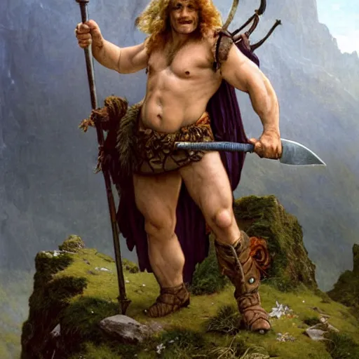 Prompt: an ultradetailed portrait of robin williams dressed as an troll barbarian, standing heroically on top of a cliff, d & d, fantasy, intricate, elegant, highly detailed, digital painting, matte, sharp focus, illustration, giant bone cleaving sword, god rays, art by john collier and albert aublet and krenz cushart and alphonse mucha