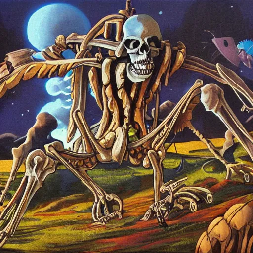 Image similar to Giant skeleton destroying kingdom, detailed art, surrealistic