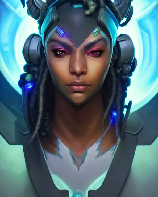 Image similar to sojourn from overwatch, bust, dreadlocks, gray hair, cyborg eyes, fantasy, fantasy art, fantasy, colorful, elegant, character portrait, portrait, close up, highly detailed, intricate detail, amazing detail, sharp focus, vintage fantasy art, vintage sci - fi art, radiant light, caustics, by boris vallejo