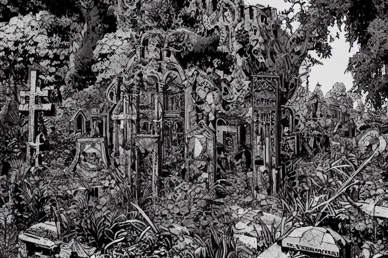 Prompt: abandoned overgrown graveyard, large crosses, spiny thorned giant plants, very coherent, intricate design, painting by Laurie Greasley, part by Yoji Shinkawa, part by Norman Rockwell