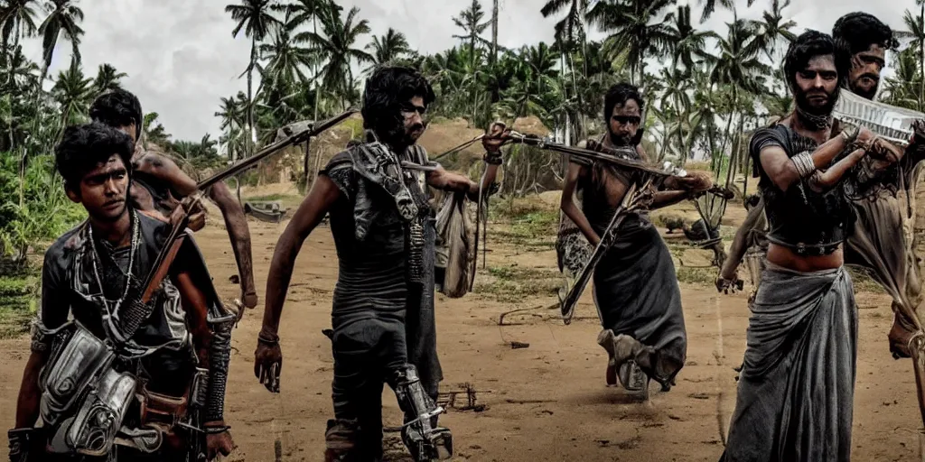 Image similar to sri lankan mad max style, guitar, film still, epic shot cinematography, rule of thirds