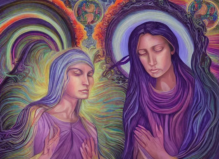 Image similar to a painting of two women standing in front of an angel, digital art by Amanda Sage, deviantart, psychedelic art, mystical, sense of awe, lovecraftian