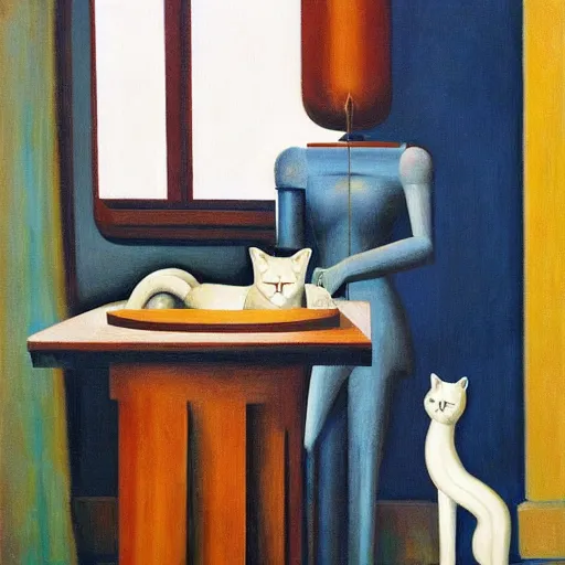 Image similar to three brutalist feline robots portrait, grant wood, pj crook, edward hopper, syd mead, oil on canvas