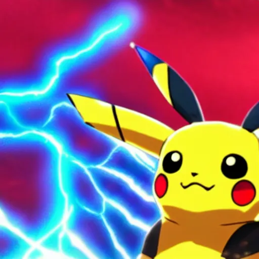 Prompt: pikachu with deep blue skin shooting bright electric lightning out of his ears in the style of pokemon anime def 8 k