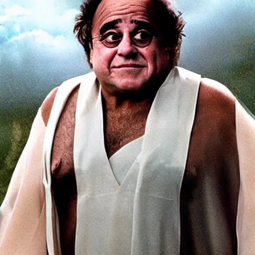 Image similar to godlike Danny DeVito, wearing a toga, eyes with no pupils, sitting atop Mount Olympus, stormy skies