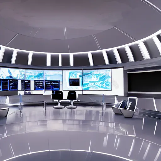 Image similar to futuristic news studio, concept art, wide lens, cinematic composition, architecture, iterior