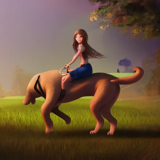 Image similar to girl riding a giant dog in the park, trending on artstation