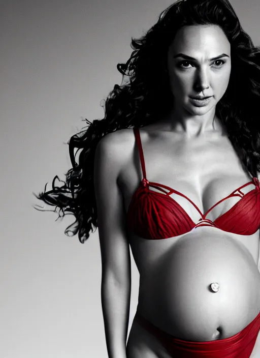 Image similar to cinematic photography of pregnant gal gadot in a red bikini, intricate, elegant, highly detailed, smooth, sharp focus, symmetrical face, fine details, masterpiece, trending on artstation, 4 k hdr 3 5 mm photography