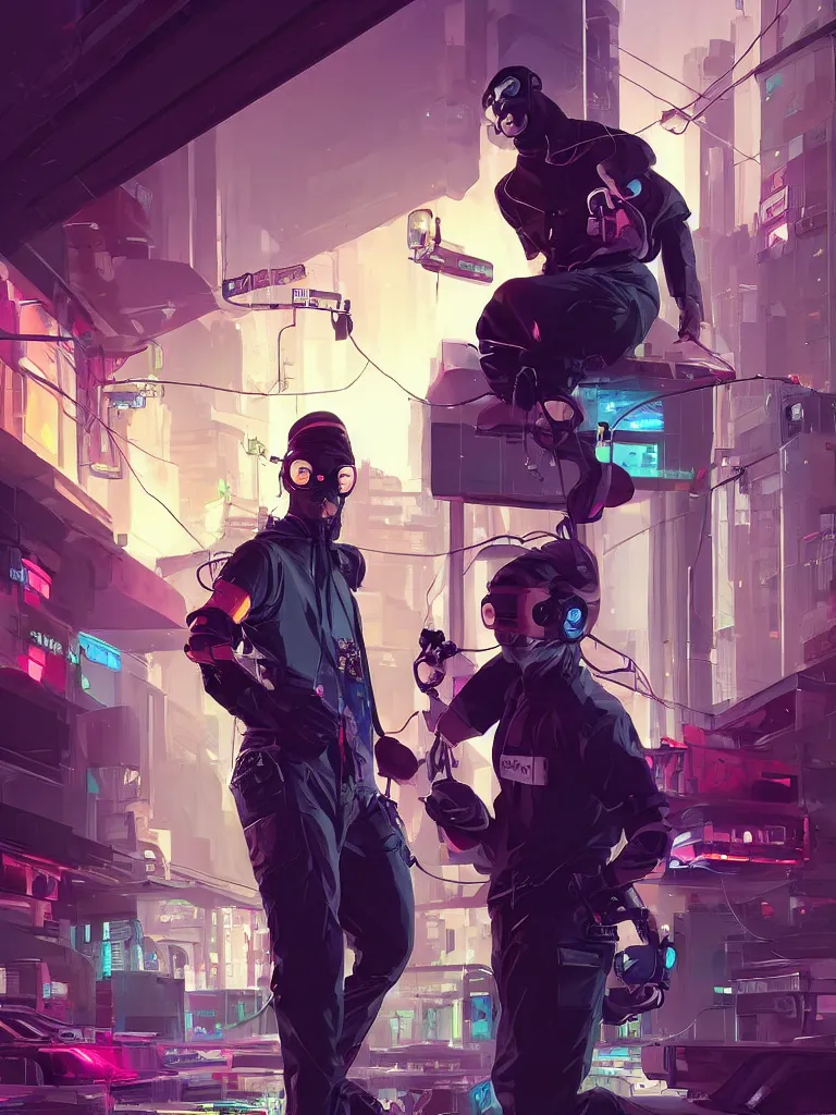 Prompt: cyberpunk hacker with server, lots of wires, art gta 5 cover, official fanart behance hd artstation by jesper ejsing, by rhads, makoto shinkai and lois van baarle, ilya kuvshinov, ossdraws