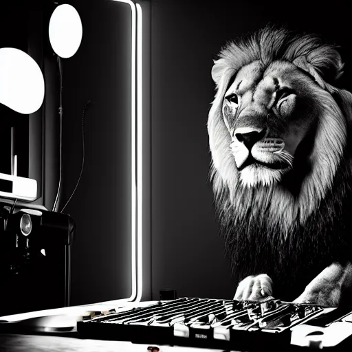 Image similar to black canvas, lion, neon lights, strawberry, dj, volumetric lighting