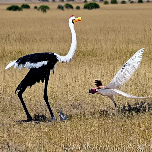 Image similar to secretary bird fighting an ostrich, in a cotton candy field