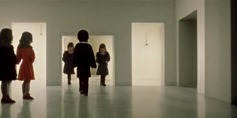 Prompt: photorealistic ultra wide cinematography of twin girls standing side by side in stanley kubrick's 1 9 8 0 film the shining standing in a long hallway inside the overlook hotel starring right at the camera shot on 3 5 mm eastman 5 2 4 7 film by the shining cinematographer john alcott shot on a wide kinoptik tegea 9. 8 mm lens. with golden ratio composition