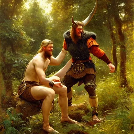 Image similar to 2 attractive male vikings frolicking in the forest. highly detailed painting by gaston bussiere, craig mullins, j. c. leyendecker, 8 k